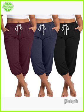 Plus Size Capri Sweatpants with Pockets 3 Pack Cotton Drawstring Joggers